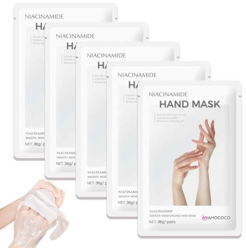 Amococo 5Packs Hand Mask with Niacinamide, Deep Hydration Hand for Dry Cracked Skin, Nourishing Care with Shea Butter & Vitamin E, SPA at Home, 6.3oz
