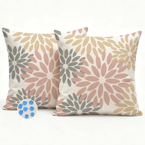 Kiatuniya Outdoor Kissenbezug 50x50 Rosa Grau Blumen Sofakissen Dahlien Wetterfest Dekokissen Frühling Sommer Kissenhüllen Couchkissen Kissenbezüge Wohnzimmer Garten Sofa Deko Kissen 2er Set