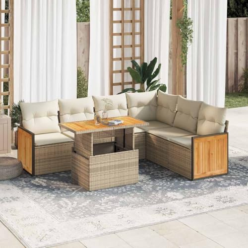 Frdhee Ensemble de salon de jardin 7 pièces - Ensemble de canapé de jardin avec coussins beige en polyrotin acacia - Pour terrasse, balcon, jardin - Montage rapide