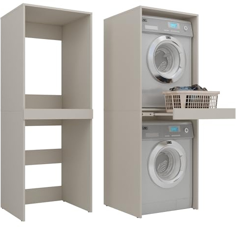 Milionmeblicom Waschmaschinenschrank Luna für Waschmaschine Trockner Badezimmerregal 183,7x65x66 cm Ausziehbarer Regalboden Waschmaschinenüberbau Hochkant 18mm Platte Farbe Kaschmir Beige