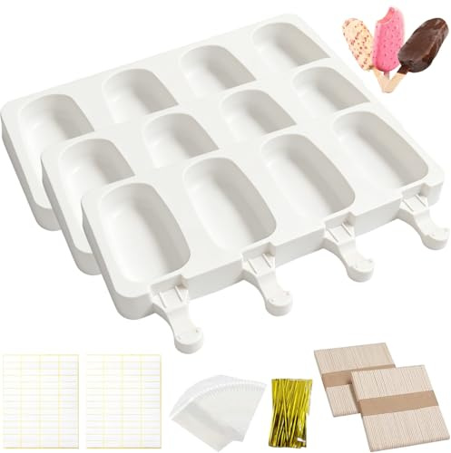 3 Juegos Moldes para palitos de helado, 4 cavidades de molde, Molde Helado Silicona sin BPA, Moldes Paletas, con 100 palitos, 100 bolsas OPP, 100 bridas para cables, 100 pegatinas