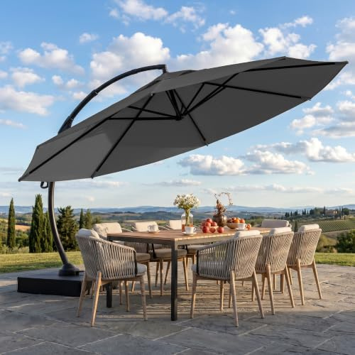 UDPATIO Sonnenschirm mit Ständer 330 cm, Runder Aluminium-Ampelschirm mit Kurbel, Gartenschirm 360° drehbar, 90° neigbar & 8 Streben, Großer Marktschirm für Garten & Outdoor, Grau
