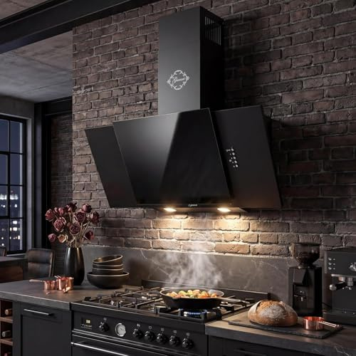 Gurari Dunstabzugshaube 90 cm GCH S 482 90 BL • Kopffreihaube Schwarz Glas • Wandhaube 1000 m³/h • Schräghaube mit Randabsaugung • Abluft Umluft • LED Beleuchtung • Schwarze Dunstabzugshaube