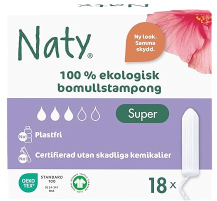 Naty Tampons Super en 100% coton biologique Sans Applicateur, 18 unités