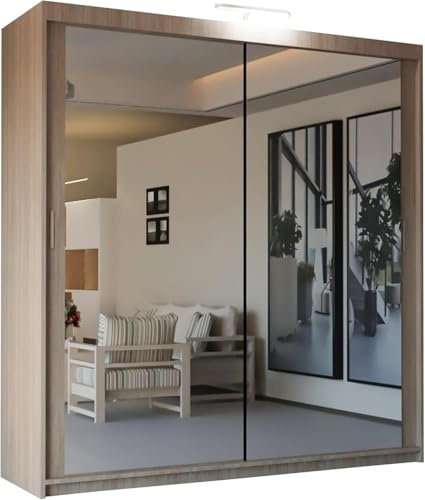 SLIDING WARDROBE 4U Mirror Sliding 2 or 3 Door Wardrobe with LED Light 90cm/120cm/150cm/180cm/203cm/250cm White-Black-Grey-Walnut-Wenge-Oak (Oak, 203cm)