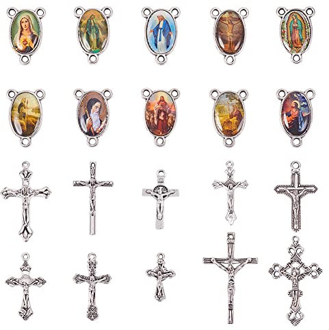 PandaHall Elite 10 Sets (20 Stück) Rosenkranz Kreuz und Center Wunderbare Medaille mit Kruzifix Kreuz Anhänger und Oval Bild Links für Rosenkranz Halskette Schlüsselanhänger