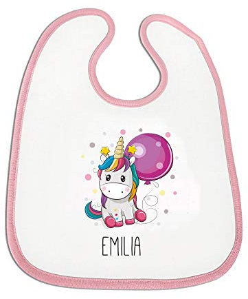 4youDesign Personalisiertes Lätzchen mit Motiv & Farbe zur Auswahl + Namen ♡Bär ♡Einhorn ♡Eule ♡Giraffe ♡Baby ♡Geburt ♡Taufe (Einhorn - rosa Rand)