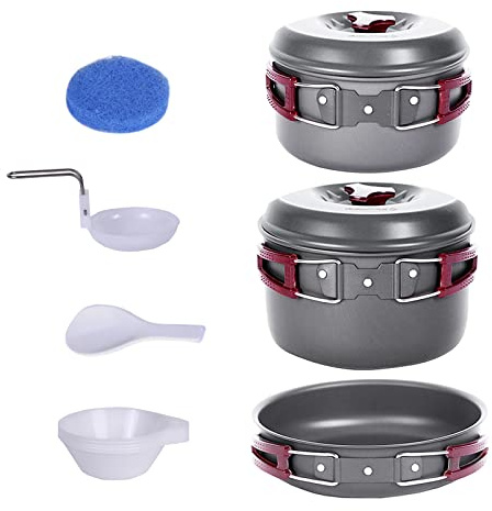 Bulin Camping Geschirr, leichtes Camping Kochset mit faltbarem Besteck | Robuste und langlebige Camping Töpfe aus Aluminium , Alle stapelbar, kompakt für Camping, Outdoor, Trekking und Picknick