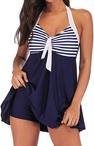 Costume da bagno a 2 pezzi, da donna, per la pancia, Tankini, taglie grandi, costume da bagno con reggiseno a collo alto Blu scuro 48 EU