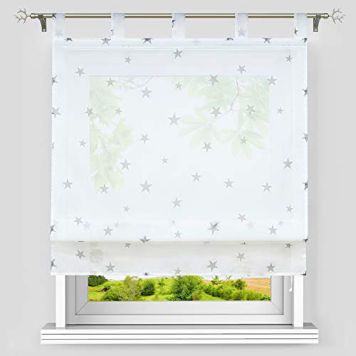 Heichkell Voile Raffrollo Sterne Muster Transparente Raffgardine mit Schlaufen Sterne Schlaufenrollo Kinderzimmer Vorhang BxH 60x140cm Weiß-Grau