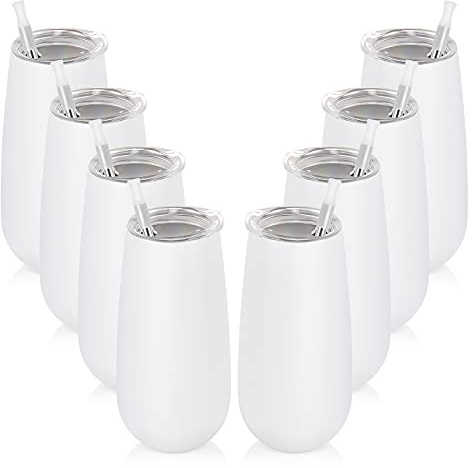 Lot de 8 flûtes à champagne isothermes sans pied 177,1 g, verres à vin incassables avec couvercle, cadeau pour la famille, les amis, Noël, un anniversaire, un mariage (Blanc)