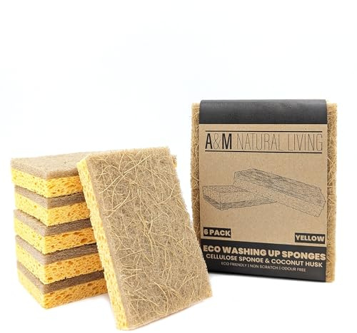 A&M Natural Living Eco Sponge Pack of 6, Yellow Compostable Biodegradable Washing Up Sponge with Coconut Husk Scourer Pad