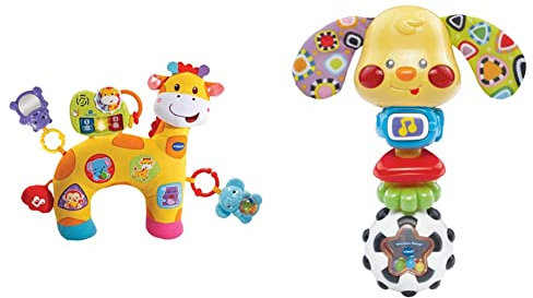 Vtech 80-506804 Baby 80-506804-Giraffenkissen, Kleinkindplüsch, bunt & Baby Wauwau-Rassel – Babyrassel im Hündchen-Design mit lustigen Sätzen, Musik und Lichteffekten – Für Babys von 3-24 Monaten