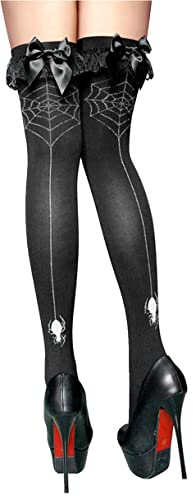krautwear Stay-ups dam, svarta strumpor utan hållare med spindelnätsmönster bak, karneval, halloween (svart-2103)