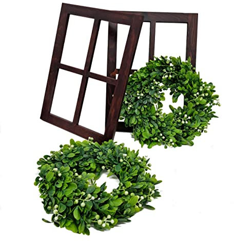 Lot de 2 cadres de fenêtre en bois décoratifs, y compris des couronnes de gui artificielles - noix - cadre en bois et couronne de porte à suspendre et à créer - Images Vert Couronne artificielle