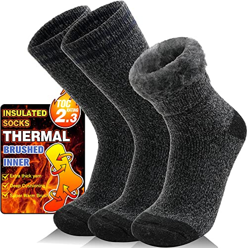 Welwoos Heated Thermal Socks for Men & Women Warm Winter Ski Thick Boot Insulated Gift Stocking Stuffers Socks 3 Pairs (Black Stripe,L)
