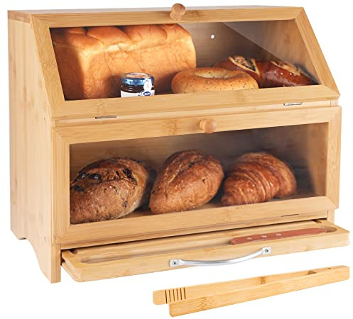 MAISONPEX Double Layer Bamboo Bread Box for Kitchen Countertop, Cutting Board, and Stainless Steel Bread Knife, Large Capacity Storage Container with Clear Windows (Self-Assembly)