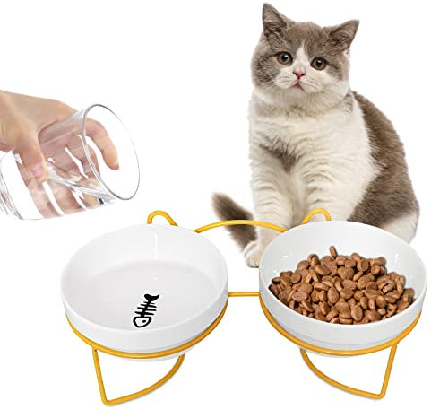Lot 2X Bol en Céramique Surélevé pour Chat - Gamelle Double avec Support Incliné pour Nourriture/Eau