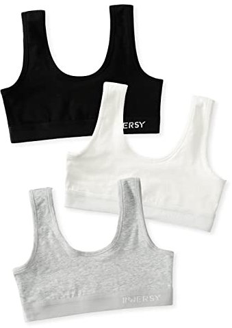 INNERSY Bustier Mädchen Baumwolle Sport BH Teenager Schwarz Weiß Grau Kinder Unterwäsche 3 Pack (L, Klassische Farbe)