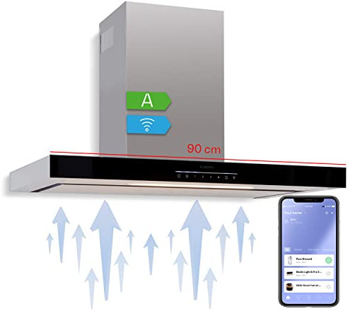 Klarstein Dunstabzugshaube 90 cm, Dunstabzugshaube Edelstahl, Abzugshaube mit Filter, Dunstabzug mit 577.8m³/h Luftstrom, Wandhauben mit Wi-Fi-Steuerung & LEDs, Abluft/Umluft Dunstabzugshauben 90 cm