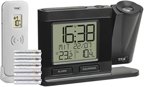 TFA Dostmann 60.5018.01 - Reloj despertador digital con proyección de 270°, con transmisor exterior, con fuente de alimentación, proyección de 270°, regulable, color negro, 149 x 38 x 104 mm, color