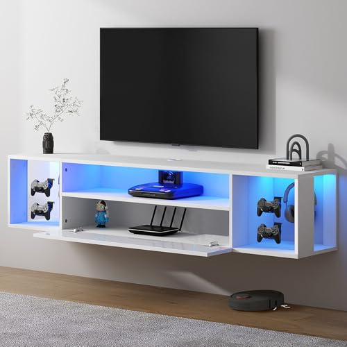 SogesPower LED TV-Konsole wandmontiert mit Beleuchtung LED TV-Ständer mit Aufbewahrung, Schwebendes Regal für Wohnzimmer & Schlafzimmer |Weiß 140x28.5x30 cm