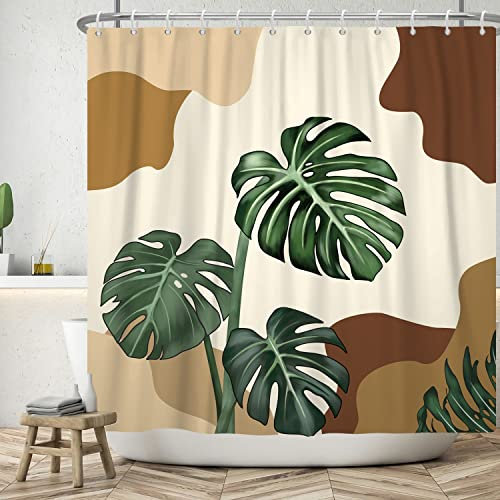 ASDCXZ Tenda da doccia Boho 180x240 cm, moderna arte astratta dipinta a mano, foglie tropicali verdi e beige, tenda da bagno lavabile in poliestere, impermeabile, per vasca da bagno con 12 ganci