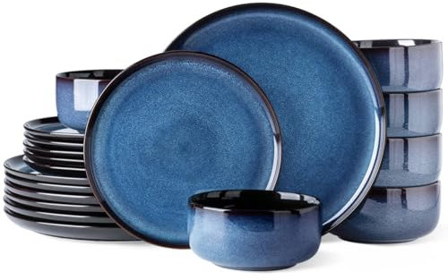 LeRatio Ceramic Dinnerware Sets for 6,Porcelain Plates and Bowls Sets,Handmade Reactive Glaze Dishes Set,Chip Resistant and Scratch Resistant | Oven&Dishwasher & Microwave Safe-Blue(18PCS)