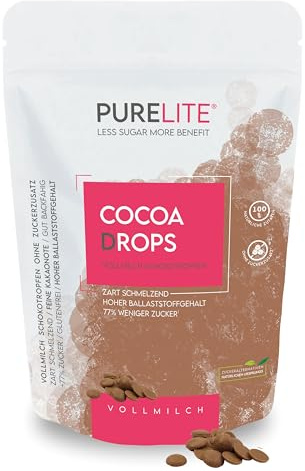PURELITE Cocoa Drops Vollmilch, vegetarisch, große Schokodrops ohne Zuckerzusatz mit Erythrit & Stevia – Backen, Schmelzen, Snacken sowie Schokobrunnen, Fondue & Kuvertüre, 450g