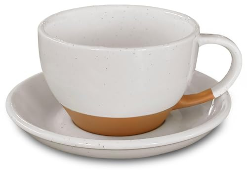 MORA Ceramic Latte Art Mug With Saucer - 10.5 oz, Round Bottom For Perfect Pours - Cafe Cups for Cappuccino, Espresso, Coffee, Tea etc - Porcelain Set for Baristas, Great Gift - Vanilla White