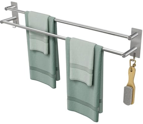 JS Handtuchhalter Ohne Bohren SUS304 Edelstahl Handtuchhalter Wand 80CM Doppelstange Handtuchstange Handtuchregal mit 2 Haken, Multifunktional Badehandtuchhalter Badezimmer Selbstklebend