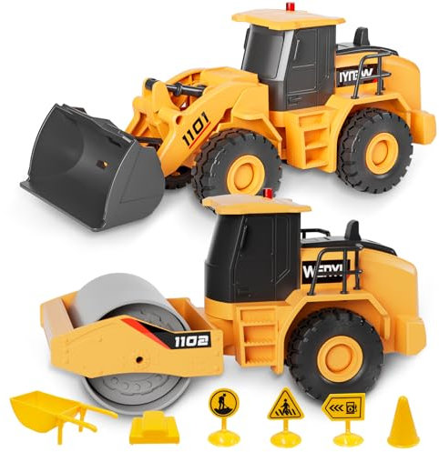TOYABI Baustellenfahrzeuge Kinder, 2er-Set Sandspielzeuge mit Musik & Licht, Bulldozer- & Walzen-LKW-Spielzeuge, Geschenk für Jungen & Mädchen Kinder im Alter von 3 4 5 6 7 8 Jahren