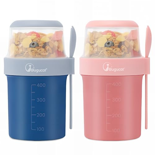 Bugucat Lot de 2 Tasses à Muesli 2 en 1 560ML + 310ML, Tasses à Yogourt et Muesli à Emporter avec Cuillère, Contenants Étanches à Muesli, Tasses de Fruits et Yogourt