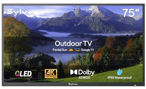 SYLVOX Televisor de Exterior, 75 QLED 4K UHD 1000Nits, Smart Google TV IP55 Impermeable, Dolby Atmos, WiFi, Asistente de Google, Outdoor TV para Jardín y Terraza (Deck Pro QLED 2.0)