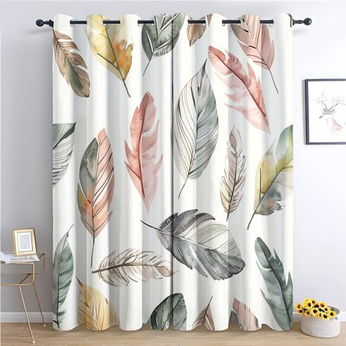 Bedruckte Verdunkelungsvorhänge mit Ösen Naturmotiv Bunt, Boho Aquarell Blätter Blickdicht Thermo Isoliert Vorhänge, Privatsphäre Schützende Gardinen für Schlafzimmer Wohnzimmer 140x160 cm