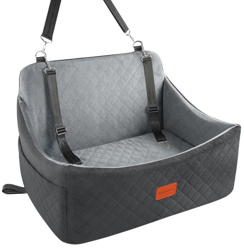 Wooaidagg Dog Car Seat for Large Size Dog,Super Soft Car Dog Bed Filling in Memory Foam and 3 Adjustable Straps,Washable Car Seat for Dogs with Safety Belt Loops and Storage Pocket(Black/Grey,Large)