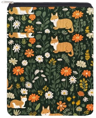 NICENEEDED Buchschutz Mit Katzen Und Blumenmotiv Mit Reißverschluss Mittlere Buchträger wasserdichte Buchumschläge Mit Fronttasche Waschbare Buchhüllen