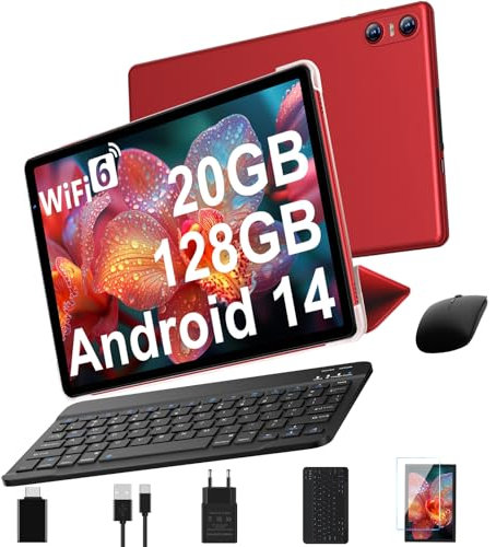 Tablette Android 14 avec 5G Wi-Fi 6, 20 GO RAM+128 GO ROM (Extensible Jusqu'à 1 To), Tablette Tactile avec Widevine L1, 5MP+8MP, 6000mAh, Tablette 10 Pouces avec Clavier+Souris et Cas, Rouge Rosé