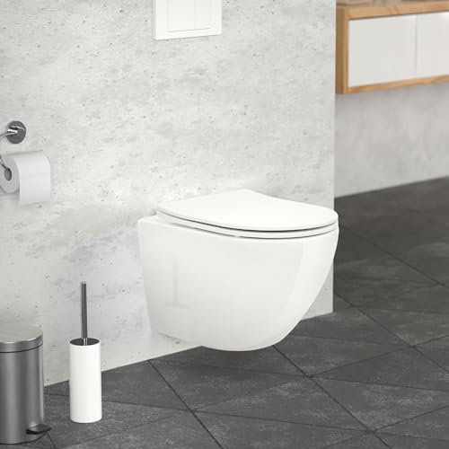 LuxeBath Toilette Suspendu sans Rebord, Blanc, avec Siège WC Amovible en Duroplast, Softclose Abaissement Automatique, Chasse d'eau Profonde Saillie Courte 49 cm, WC en Céramique pour Salle de Bain