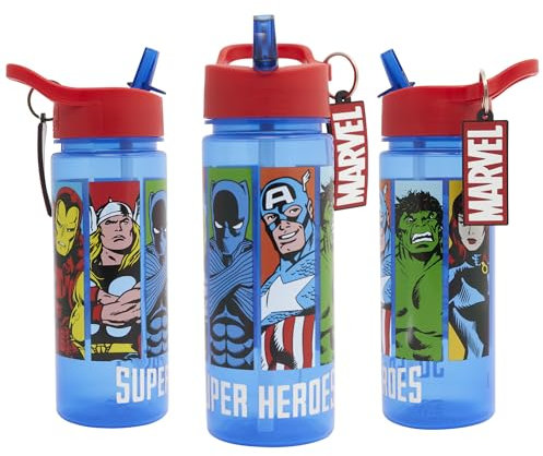 Marvel Avengers 500ml Kids Water Bottles with Straw by Polar Gear Gifts for Boys - Back to School Supplies Boys Water Bottle - Avengers Water Bottle Keyring Charm, Blue