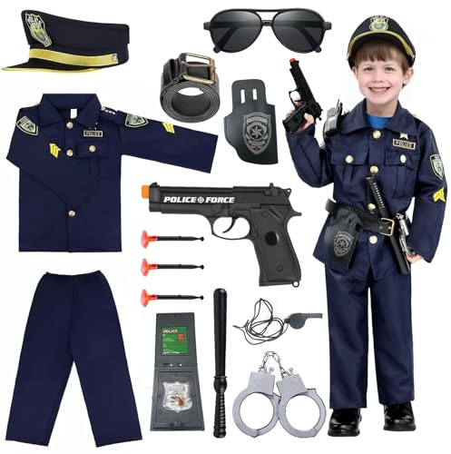 Hengrongshen Polizei Kostüm Kinder Set mit Polizeimütze Handschellen Halfter Trillerpfeife, Polizei Spielzeug für Jungen Halloween Spielzeug Kinder Karneval Cosplay für 6 bis 8 Jahre