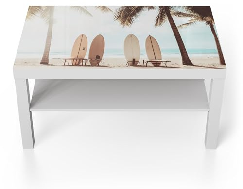 DEQORI Glastisch | weiß groß 90x50 cm | Motiv Surfparadies | ausgefallener Beistelltisch aus Glas | Hochglanz Couchtisch fürs Wohnzimmer | moderner Couch Tisch mit Design