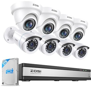 ZOSI Full 1080p 16 Channel Home Security Camera System with AI Human Vehicle Detect, 8 x 1080p Weatherproof CCTV Bullet Dome Camera Outdoor, H.265+ 16CH DVR with 2TB HDD, Night Vision, Alert Push