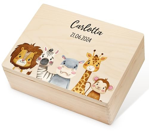 Lilletå ® Erinnerungsbox Tiere Safari (001.06.01) - Erinnerungskiste Baby mit Hochwertigem Farbdruck - Baby Holz - Geschenk Geburt Mädchen Junge