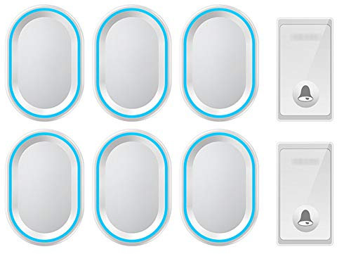 Sonnette sans fil, carillon de porte étanche IP44, 2 boutons poussoirs et 6 récepteurs enfichables avec lumière flash bleue, 4 niveaux de volume réglables, 58 mélodies, convient pour la maison(2