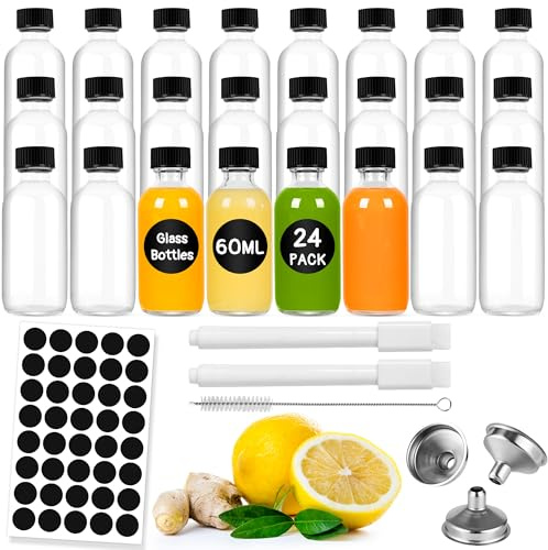 Gucass 24 Stück Shot Flaschen zum Befüllen, 60ml Kleine Shotgläser mit Deckel, Glasflaschen zum Befüllen mit Trichter, Etiketten, Stift und Bürste, Mini Fläschchen für Saft, Ingwer Shot, Whisky