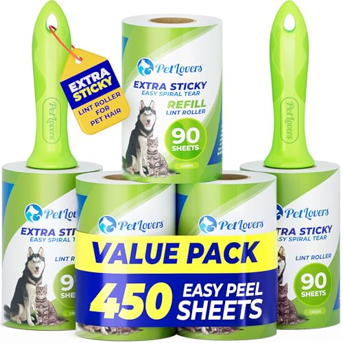 PetLovers Extra Sticky Lint Roller Mega Value Set 450 Sheets for Pet Hair Removal Dog and Cat Lint Remover 5 Pack Green