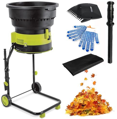 Leaf mulcher garden shredder with 2500w power, wheels, leaf rake, storage bag. 8000rpm chippers ideal for yard cleanup and composting. 54cm funnel diameter, 10m power cord included.
