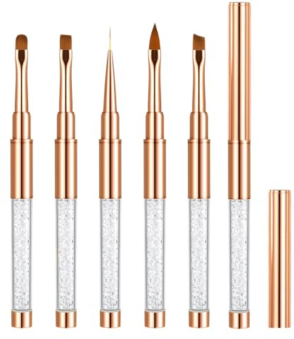 5 Stück Pinsel für Gelnägel, Nageldesign Malerei Pinsel Nagel Pinsel mit Deckel Dünn/Flach/Rund/Abgewinkelt/Acryl Nagellack Fein Pinselset Nägel Gel Detail Nageldesign Stift für Profi Anfänger