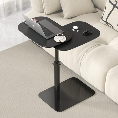 Adjustable Height C Shaped Side Table, 360°Swivel Bedside Table, Double Tabletop Laptop TV Tray Table Narrow End Table for Sofa/Bed, Lifting Coffee Snack Tables for Living Room Bedroom (black)